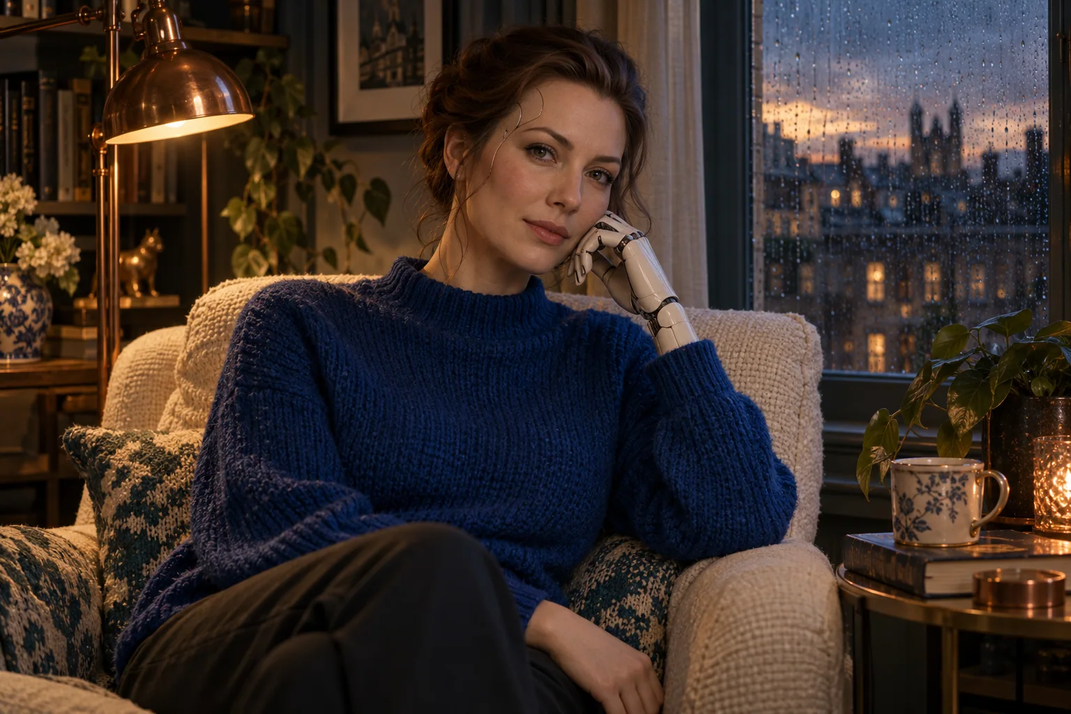 Fictional female humanoid in a cobalt jumper beside a rainy window and copper reading lamp.