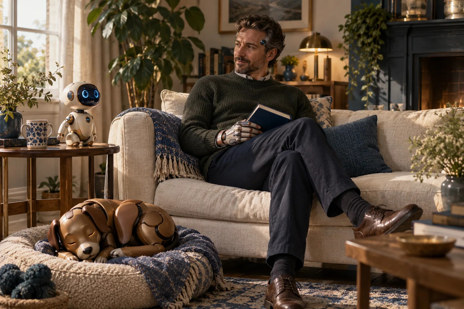 Tiny desk robot, robot dog and seated adult male humanoid at different scales in a living room.