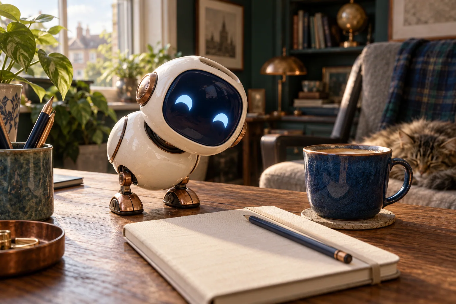 Small expressive ivory desk robot beside a blue coffee cup and notebook.
