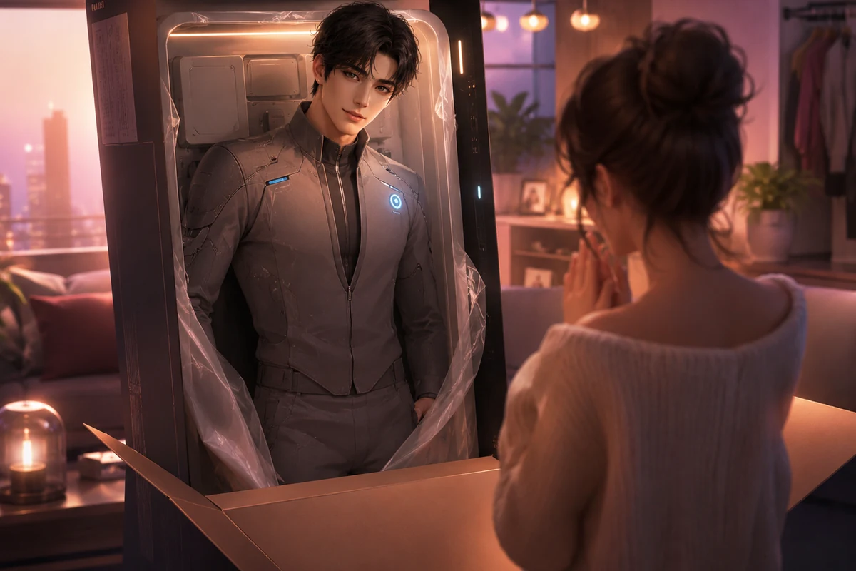 Original editorial image of a male android being unboxed in a contemporary apartment