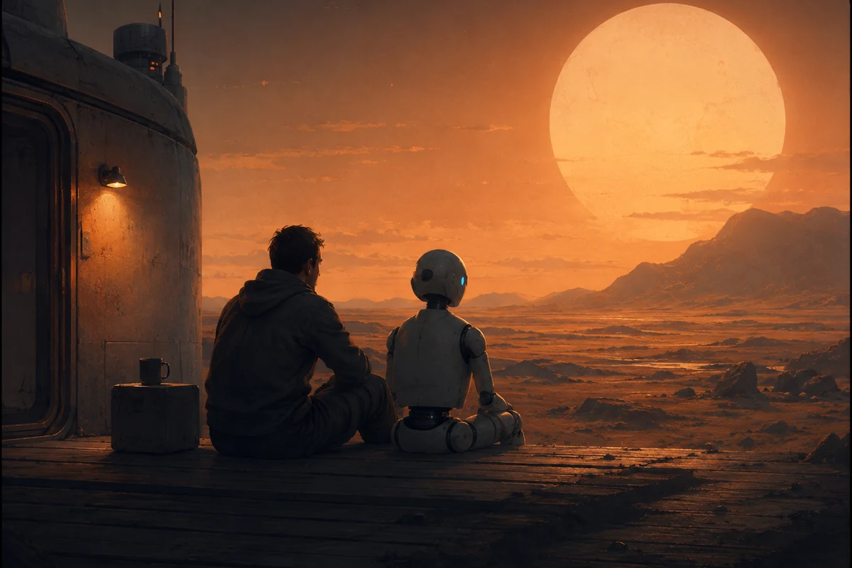 Original editorial image of a human and small robot companion at a remote outpost