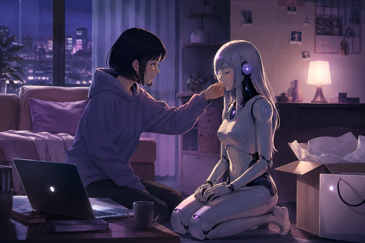 Original editorial image of a human and pale android sharing a quiet intimate moment