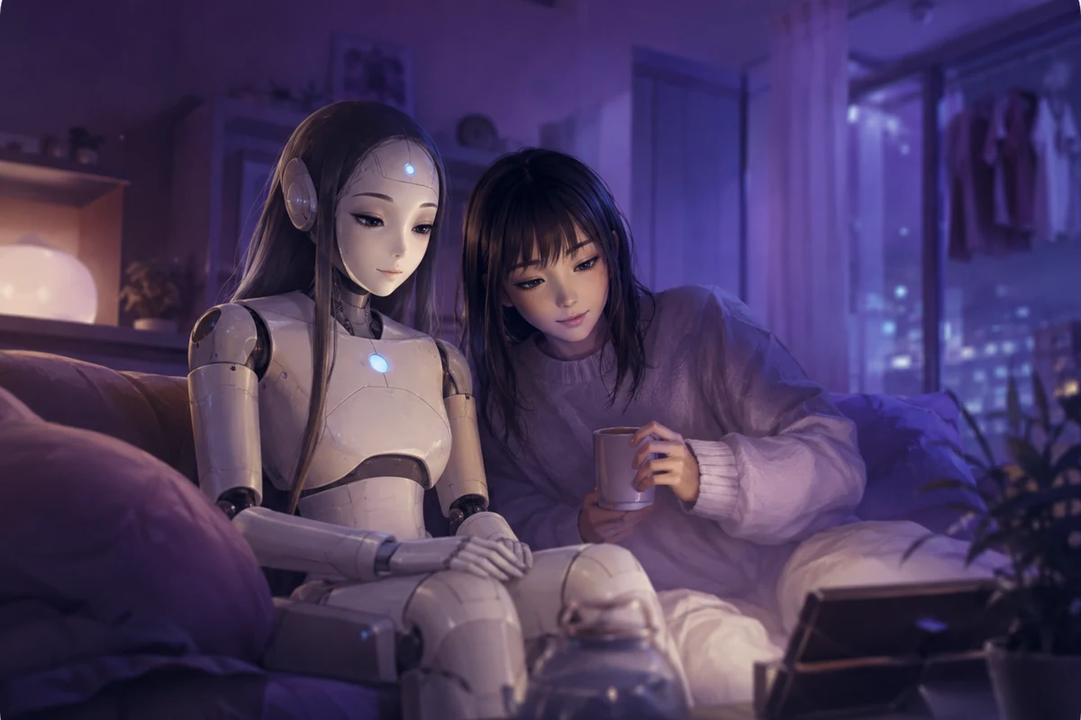 Original editorial image of a human and synthetic companion sitting closely together at home