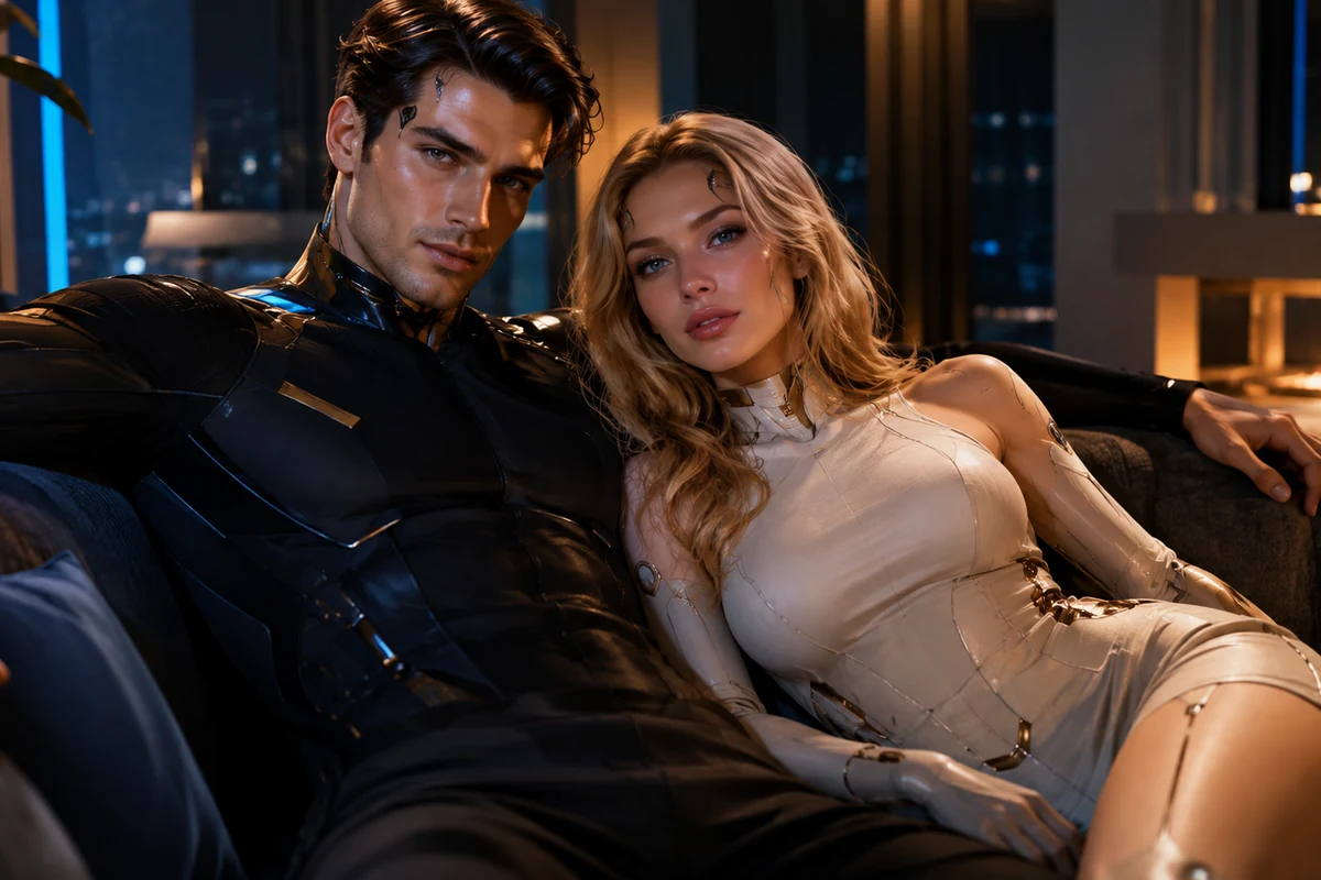 Original editorial image of an intimate human-synthetic pair in a neon-lit apartment