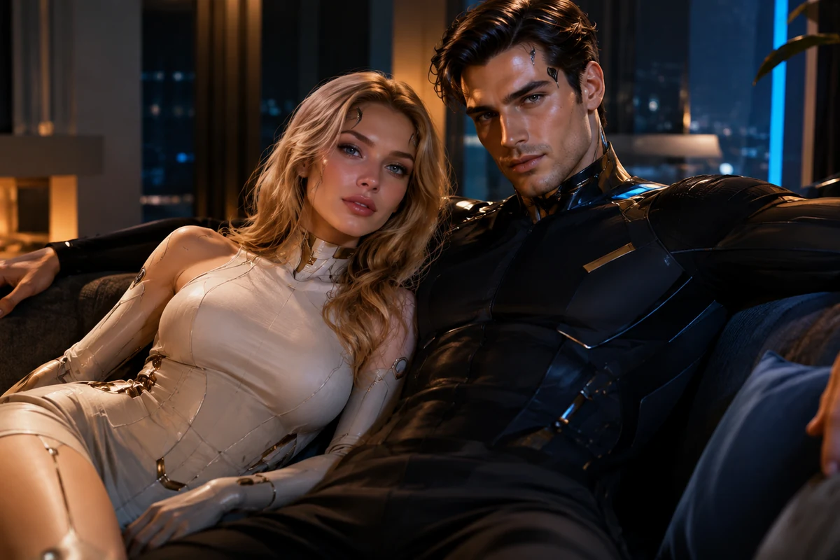 Original editorial image of humanlike synthetic companions in a neon city apartment