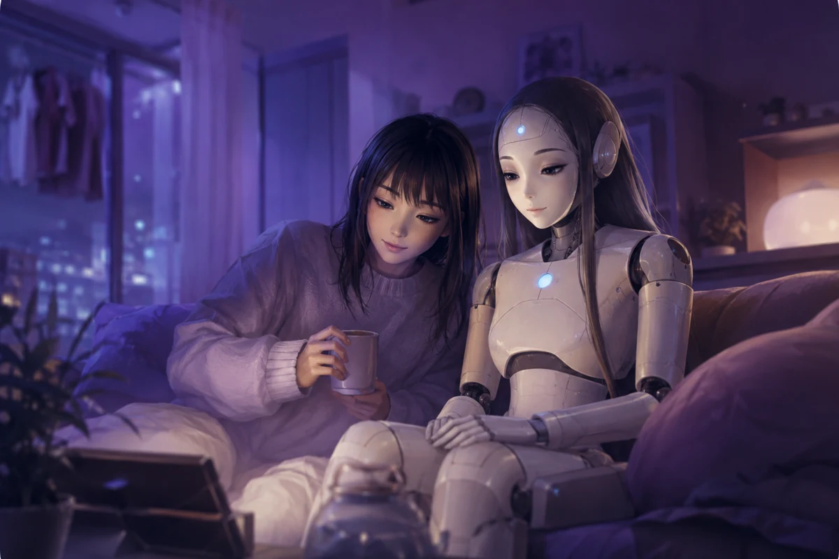Original editorial image of a young woman relaxing at home beside a humanoid companion