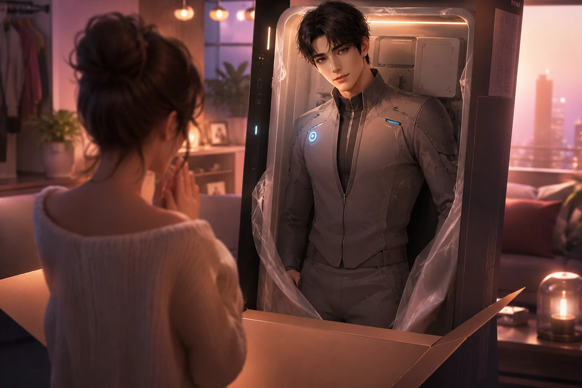 Original editorial image of a human encountering a newly delivered male android companion