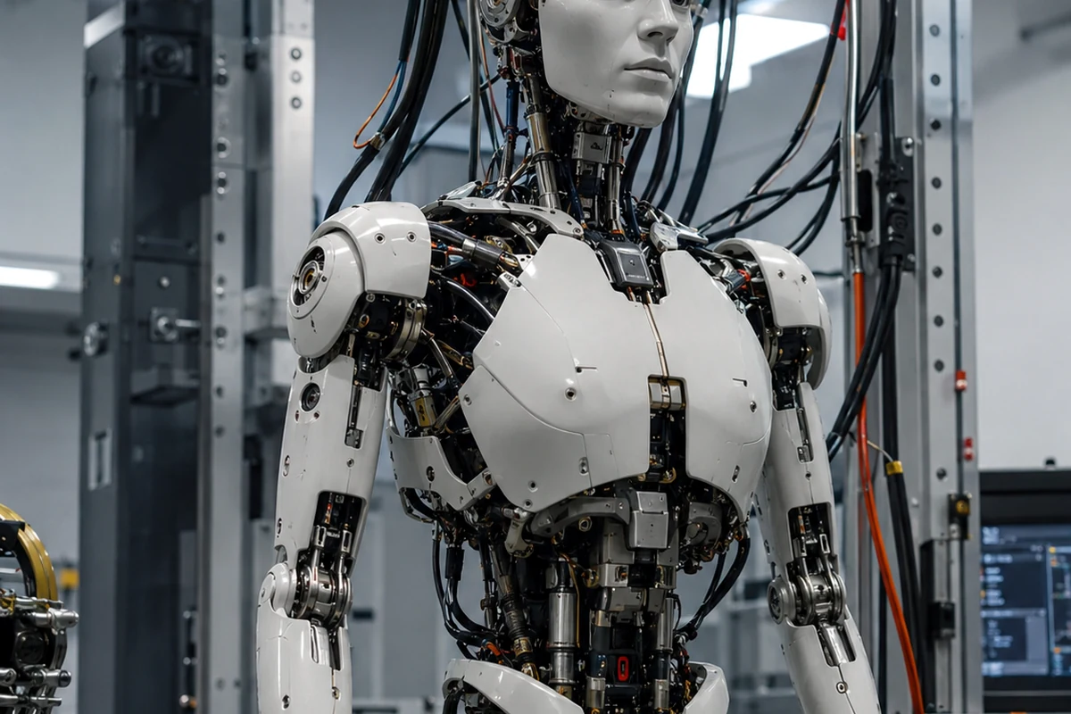 Original editorial image of a humanoid android in a robotics laboratory