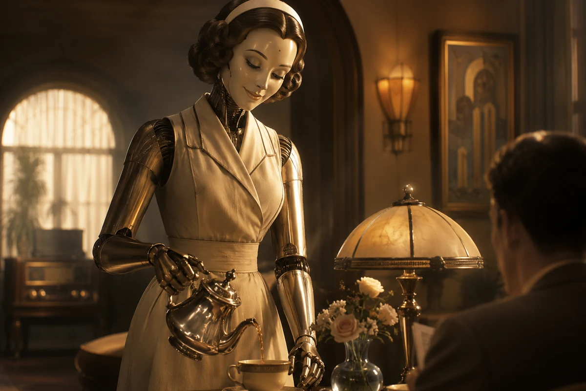 Original editorial image of a domestic android serving tea in a 1930s-inspired home