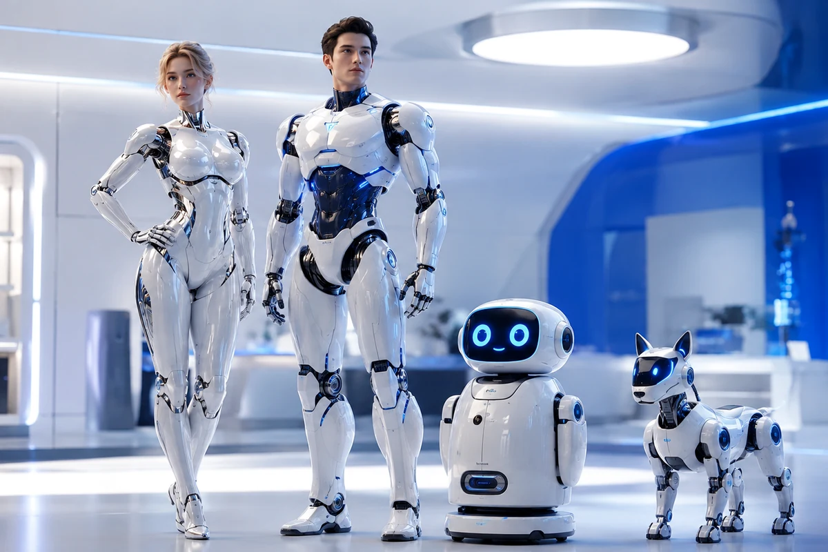 Original editorial image of several consumer humanoids displayed together in a bright showroom
