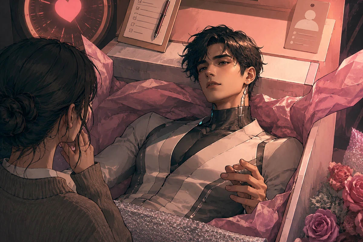 Original editorial image of a handsome male android arriving as a boxed consumer product