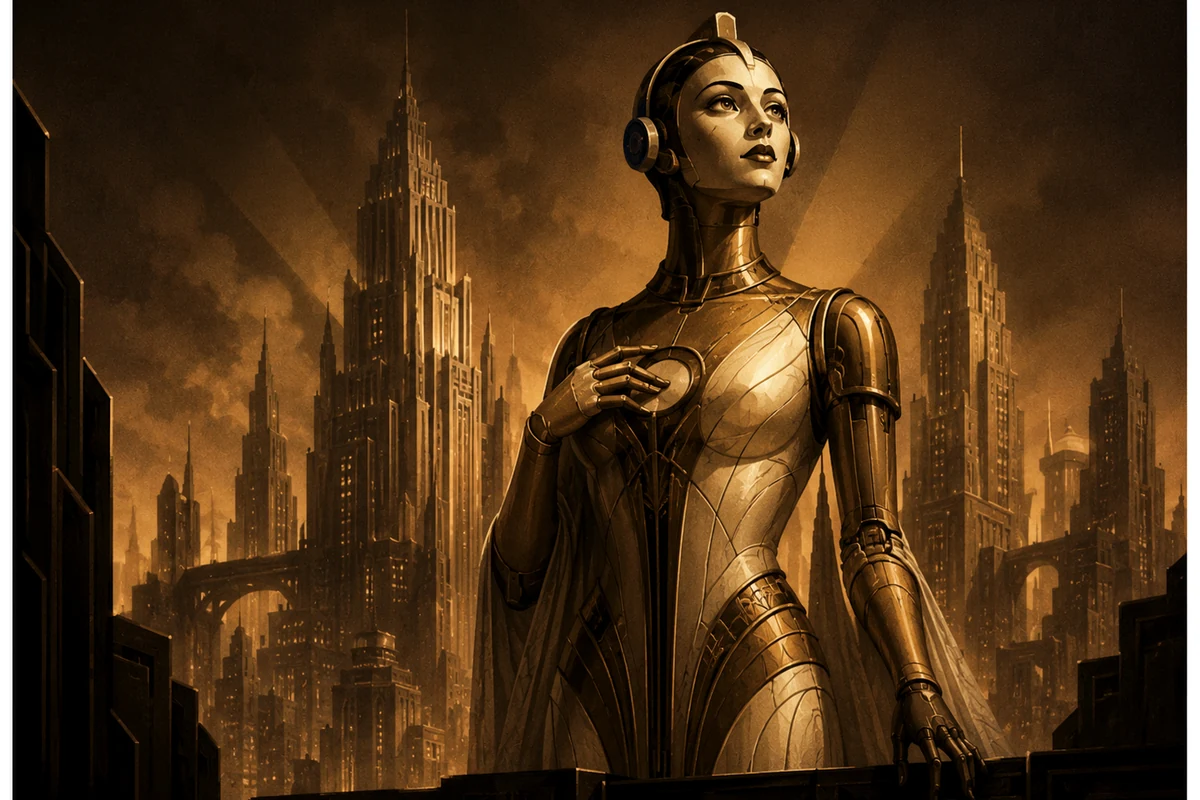 Original editorial image of a monumental art-deco android above a futuristic city