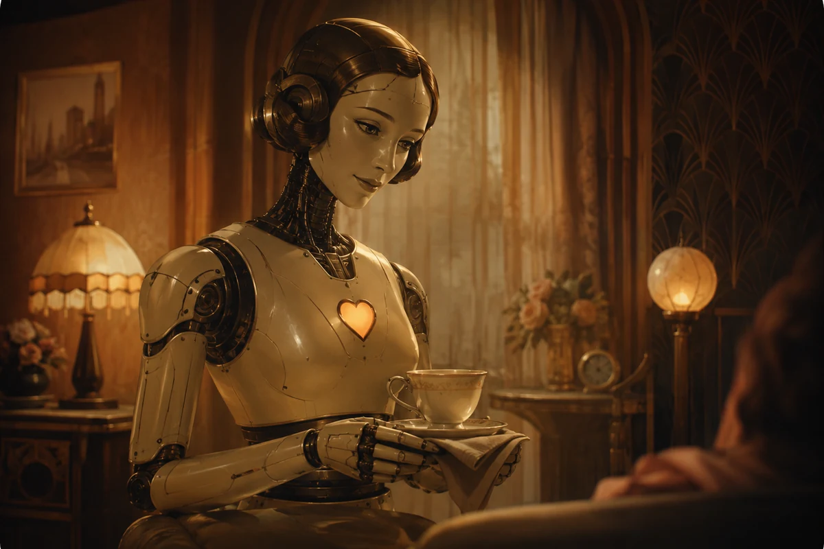 Original editorial image of a polished domestic android in an idealised mid-century home