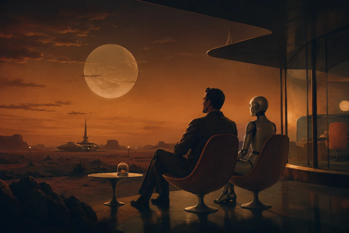 Original editorial image of a lone human and robot companion watching a distant world