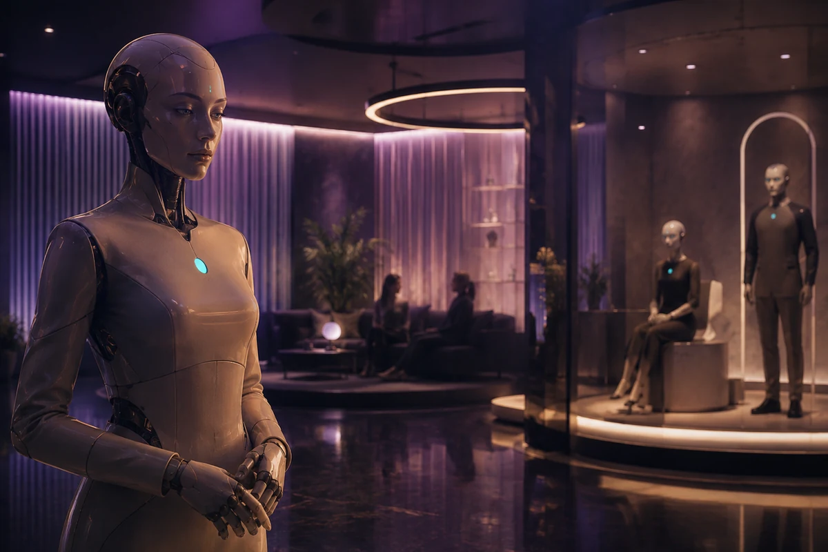 Original editorial image of humanoid companions in an exclusive futuristic venue